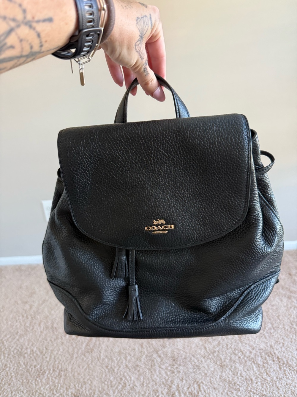 Coach Black Pebbled Leather Backpack with Gold Hardware